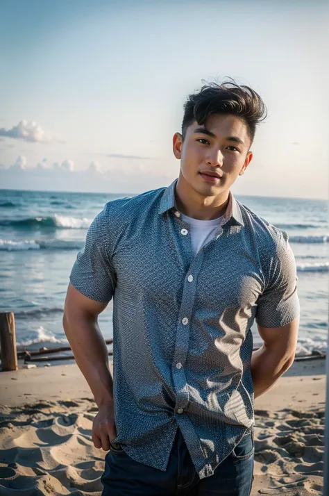 A young Asian man with large muscles looks at the camera. In a white button-down shirt , seaside beach sunshine looking at the sky
