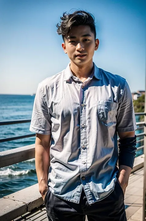 A young Asian man with large muscles looks at the camera. In a white button-down shirt , seaside beach sunshine looking at the sky
