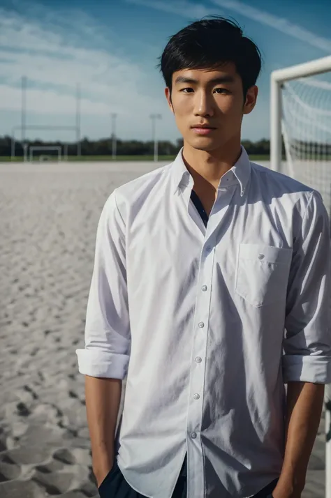 young asian man looking at camera In a white button-down shirt , Fieldside, beach, sunlight, looking at the football field