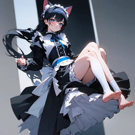 Selllook3d、game、Dark fantasy、Female maid、cool、A maid outfit with a black base、The background is all white、three views、Full body view、barefoot、White tights with runs、Blushing、Five fingers、Blue sparkling eyes、Lots of frills、Long black hair、Blue gradation in ...