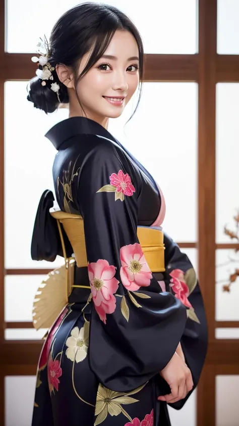 (Super beautiful woman in kimono)、((highest quality、8K masterpiece:1.3))、sharp focus:1.2、(super beautiful face:1.0)、(shiny skin:1.0)、realistic pictures、black hair、video lighting、High resolution eyes and face、video lighting、japanese actress、from the front、w...