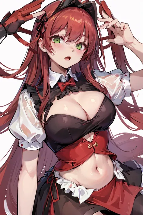 a nude cartoon depiction of a sexy, red haired woman in a maids outfit, 1girl, breasts, solo, green eyes, long hair, looking at viewer, maid headdress, red hair, short sleeves, dress, frills, blush, white background, bow, black dress, simple background, pu...