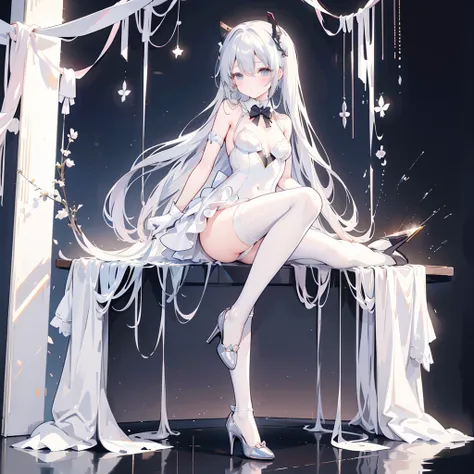 white stockings、Long bridal gloves、Black high heels seductive mature style Miku，Exudes charm and desire，High-resolution full-body photos，Focus on only two legs，White rabbit as theme。