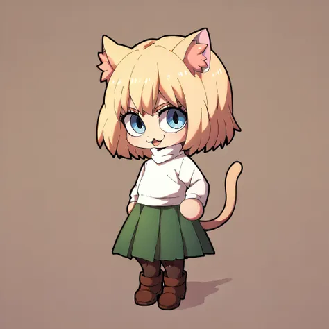 necoarc
blonde hair, cat ears
blue eyes, slit pupils
chibi, :3
turtleneck, green skirt, pleated skirt, pantyhose, brown footwear...