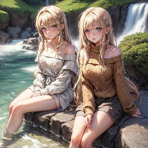 ((female, innocent eyes, brown colored eyes, soft blonde hair, alluring look, sitting on rock in foreground, waterfall in background, freckles, brown off the shoulder sweater, loose white shorts, blushing))