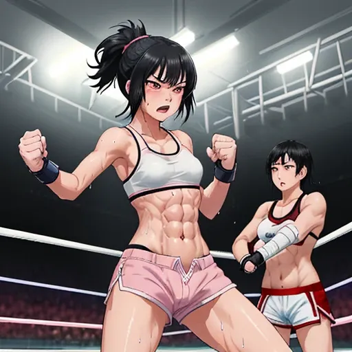 Injured Japanese female high school mixed martial artist during a match in the ring。Short black hair。Taking a fighting pose、Glaring at someone。Rin々A funny expression。Drenched in sweat。A well-trained body。Six Pack Abs。Small breasts。Erect nipples。White and p...