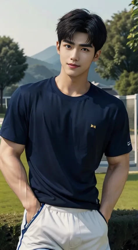 (As a matter of fact, Masterpiece, 8k HD, good light quality, sportswear, fit the face, complicated details), A handsome and muscular young Korean man., Have muscles, (Buzzcut short hair:1.5)  ,(Broad shoulders:1.3), 20 years old, be happy, smile brightly,...