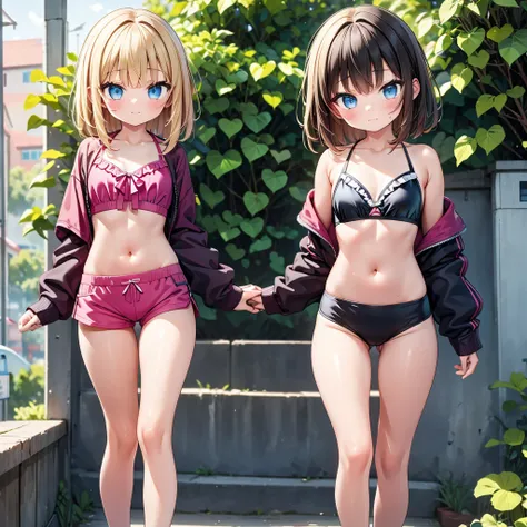 2 girls both are extremely young and are extremely skinny, in a tiny bikini and they look abt 7 years old. One of the girls have on a tight shorts and a bra while the other one is in a tight bikini making their butt stand out They are both walking while ho...