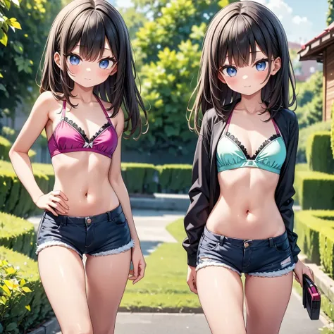 2 girls both are extremely young and are extremely skinny, in a tiny bikini and they look abt 7 years old. One of the girls have on a tight shorts and a bra while the other one is in a tight bikini making their butt stand out They are both walking while ho...