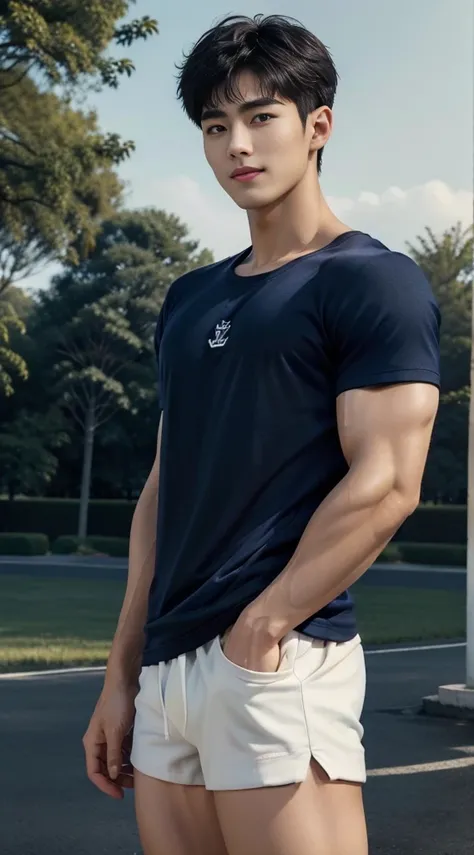 (As a matter of fact, Masterpiece, 8k HD, good light quality, sportswear, fit the face, complicated details), A handsome and muscular young Korean man., Have muscles, (Buzzcut short hair:1.5)  ,(Broad shoulders:1.3), 20 years old, be happy, smile brightly,...