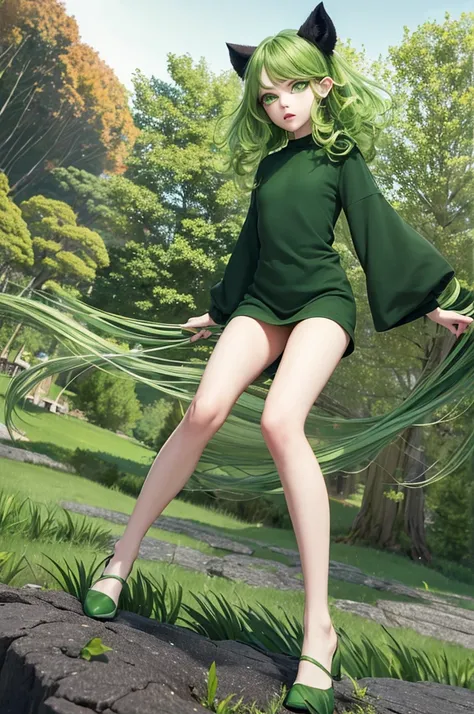 High quality, ultra high quality, 4K quality, (perfect anatomy), infrared camera footage, dark green clothes, clothes that show the body line, mid-length hair, hair ends that flip out, girl, tatsumaki, short hair, curly hair, green hair, (green eyes:1.5),
...