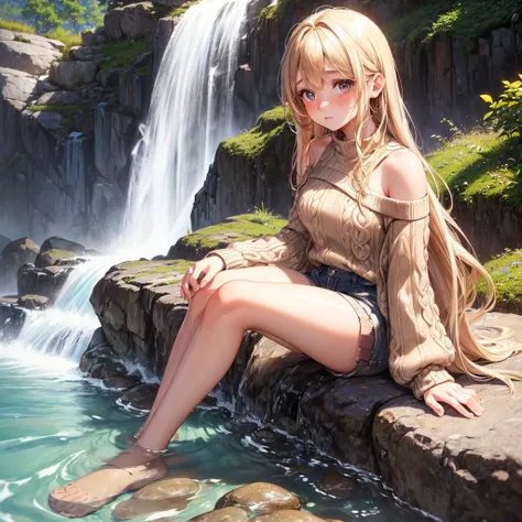 ((female, innocent eyes, brown colored eyes, soft blonde hair, alluring look, sitting on rock in foreground, waterfall in background, freckles, brown off the shoulder sweater, loose white shorts, blushing))