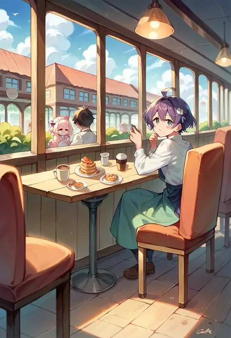 There is a picture of a restaurant with many tables and chairs, cozy Cafe background, Studio Greeble Makoto Shinkai, pleasant Cozy atmosphere, Cafe interior, Makoto Shinkai&#39;s Style, Anime Background Art, ( ( makoto shinkai ) ), makoto shinkai. —h 2160,...