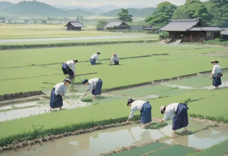 paddy fieldで働く人々group painting, villagers busy farming, by naomichi nakamura, by tomioka tessai, feudal japanを舞台にした, or period, ...