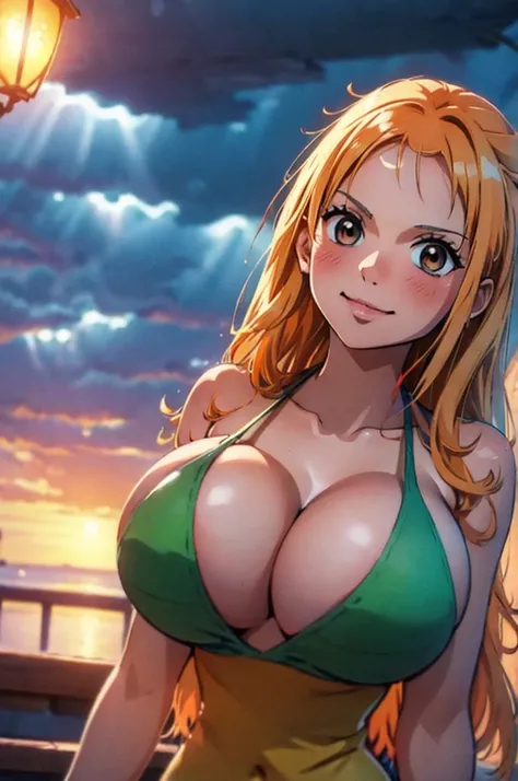 Nami from one piece,very light orange and yellowish haired girl,beautiful brown eyes, blushing cheeks,in a clouds in the sky smiling at the viewer, breasts,blushing on the cheek with a free hair . She should be wearing a bikini. The art style should resemb...