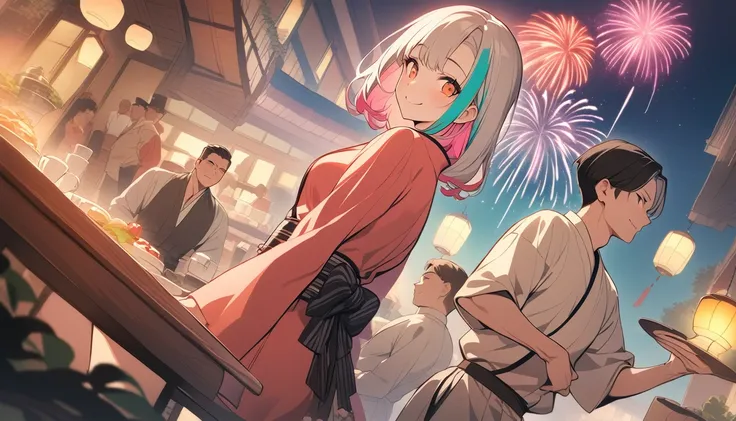 Cafe、Lovers of men and women、seems to be happy,smile、Fireworks display、 Multicolored Hair, 、Retro costumes, yukata, Glancing sideways, Hyper Pop, stylish、 Retro feel, overview, masterpiece, Highest quality,