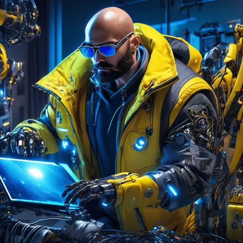 A bald guy with a short and stylish brown beard, athletic body, wearing yellow jacket with blue neon, sunglasses, robotic arm implants, connected ends, in his bedroom, using a computer to hack, sci fi environment, night-time, POV view