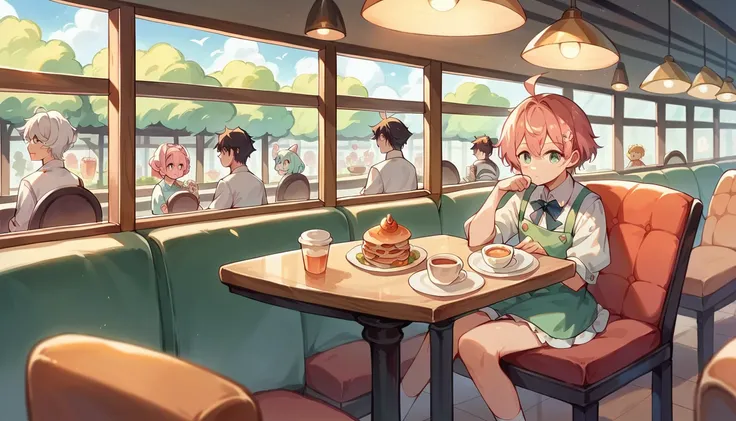 There is a picture of a restaurant with many tables and chairs, cozy Cafe background, Studio Greeble Makoto Shinkai, pleasant Cozy atmosphere, Cafe interior, Makoto Shinkai&#39;s Style, Anime Background Art, ( ( makoto shinkai ) ), makoto shinkai. —h 2160,...