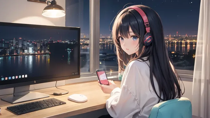 "Anime girl sitting in front of computer in cozy bedroom (seen from behind), girl listening to music with headphones in cozy room at night, girl enjoying beautiful Tokyo night view from window, window with Alfa Romeo miniature car on display. Enjoying watc...