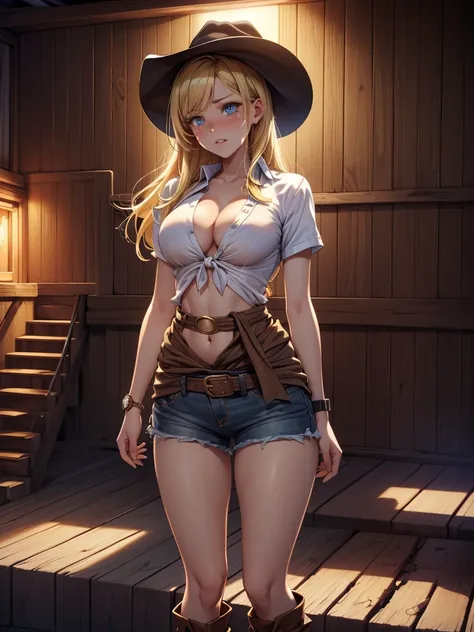 (((Cowgirl Costume))),(((Wear low-waisted denim shorts and short western boots))),(((Wear a western hat))),(((He is wearing short sleeves, Plaid, front tie shirt))),(((Wear a belt around your waist:1.5))),(((Wear a watch on your wrist))),(((Showing cleavag...