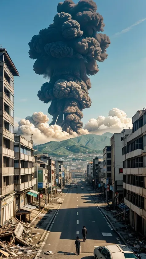 "Begin with images of Nagasakis peaceful cityscape, followed by the second mushroom cloud. Show scenes of destruction and chaos, including buildings reduced to rubble and survivors in shock."