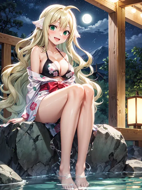 Masterpiece ,best quality , high resolution , (1 girl solo:1.38) , (mavis, long hair, blonde hair, (green eyes:1.5), ahoge, wavy hair) , (cleavage:1.2) , (medium breast:1.28) , (wear yukata , inside wear bikini ) , (cleavage:1.15) , (big breast:1.1) , (fac...