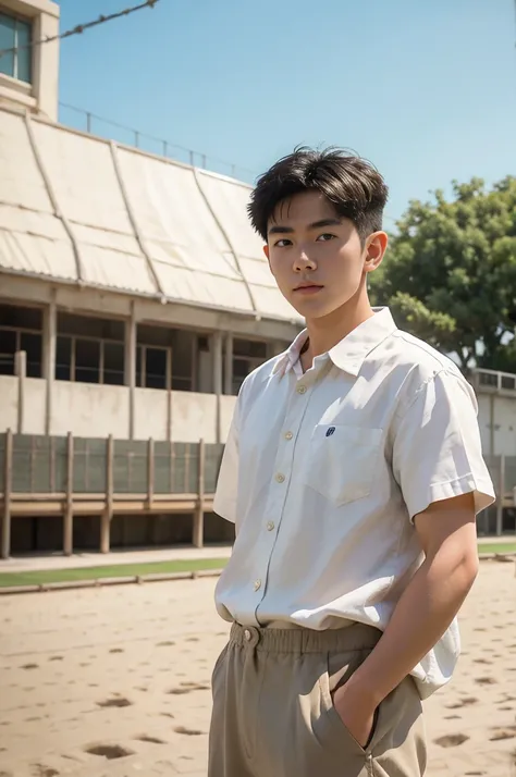 young asian man looking at camera In a white button-down shirt , Fieldside, beach, sunlight, looking at the football field