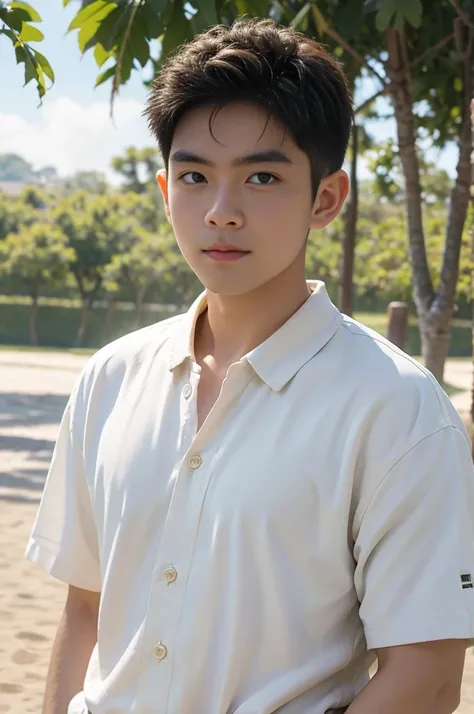 young asian man looking at camera in a white button-down shirt , fieldside, beach, sunlight, looking at the football field