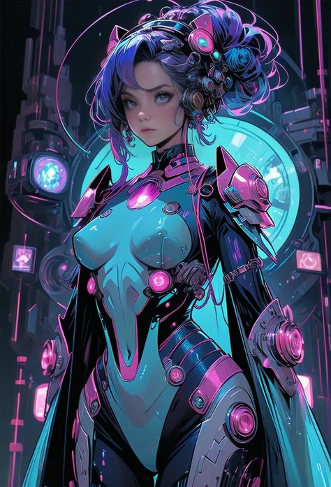 masterpiece, best quality, 1girl, solo, retro futuristic cyborgwoman, seamlessly blending mechanics and elegance. fit, small breasts, blueish skin, with magenta hair, old woman, fashion modeling pose, form fitting turquoise swimsuit-like-armor , happy, wil...