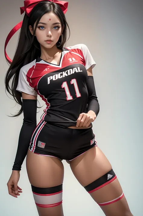 masterpiece, high res, 4k, (perfect anatomy:1.5), perfect long legs, perfect arms, Volleyball girl, volleyball outfit, tight shorts, thin build, medium breasts, cute face, rose cheeks, long black hair, brown eyes, ribbons and bows in hair, sexy pose, stock...