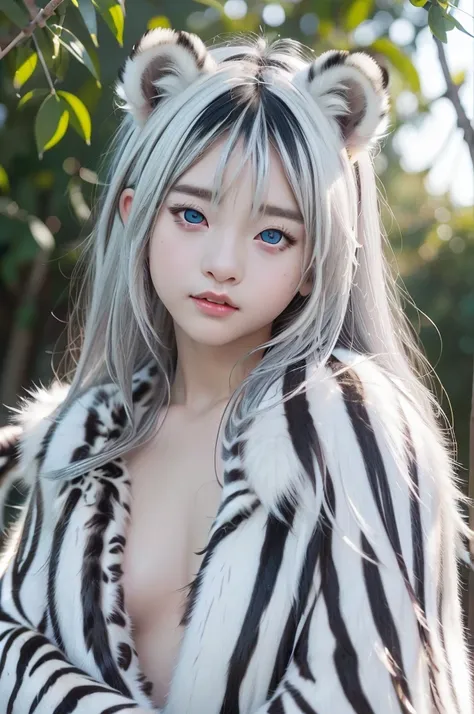 10-year-old girl、Baby Face、Classmate、whole body、(Fur coat、White tiger fur、Black and white tiger striped fur:1.5)、Small breasts、Small breasts、Pink nipples、smile、bangs、Long Hair、(White Tiger、Fox Ears、Silver Hair、Crystal clear hair、Smooth Hair:1.5)、Put your h...