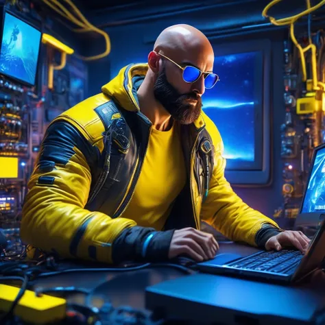 A bald guy with a short and stylish brown beard, athletic body, wearing a yellow leather jacket with blue neon, sunglasses, connected ends, in his bedroom, using a computer to hack, sci fi environment, night-time, POV view