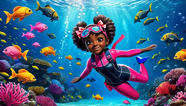 Create a vibrant underwater scene featuring a kid-friendly avatar of a young girl named Arya with dark skin, hair styled in afro puffs with pink and red bows. Arya is swimming underwater, wearing scuba gear including a pink wetsuit, blue overalls, goggles,...