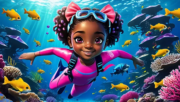 Create a vibrant underwater scene featuring a kid-friendly avatar of a young girl named Arya with dark skin, hair styled in afro puffs with pink and red bows. Arya is swimming underwater, wearing scuba gear including a pink wetsuit, blue overalls, goggles,...