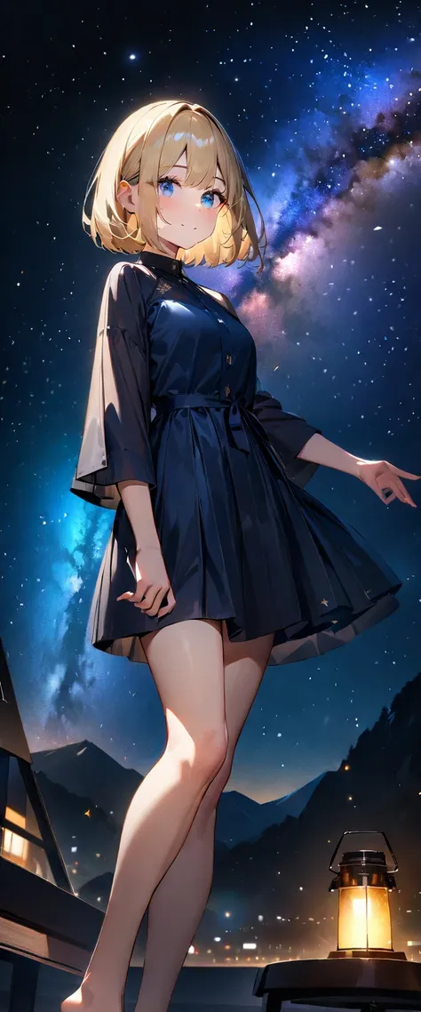 (((A big star falling in the night sky, countless stars twinkling in the clear air, a beautiful starry sky, the Milky Way shining beautifully in the night))), mountain, wide shot, a girl, bob cut, bare legs, bare foot, blond hair, (best quality, 4K, 8K, hi...