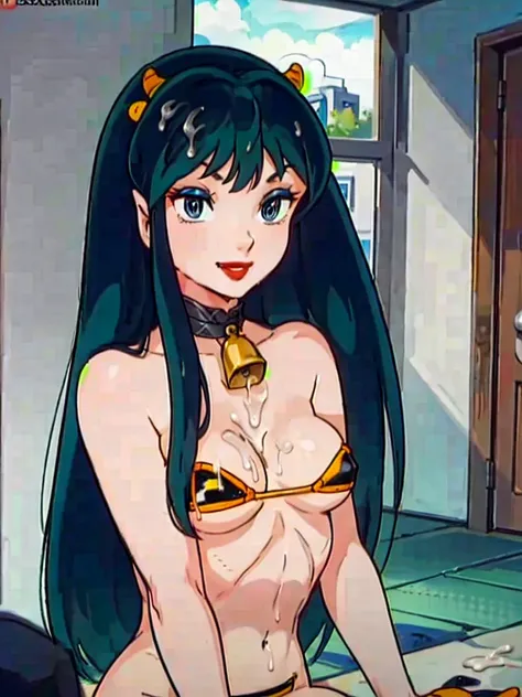 NSFW, masterpiece, (best quality: 1.2), long hair, blue eyes, green hair, big breasts, evil_smile, sexy, ((red lipstick, fishnet stocking)),, ((micro bikini, cow, gray bell)), ((cum shot: 1.5))