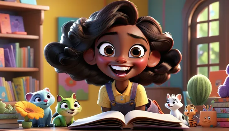 A colorful, animated scene in a 3-D Pixar style featuring a cheerful Black  named Arya, welcoming viewers to her happy place. Arya is standing in a vibrant, fun-filled space with bright colors, playful animals, smiling children, and various learning elemen...