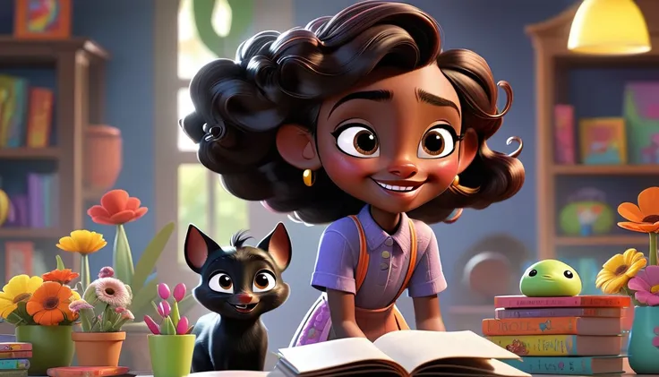 A colorful, animated scene in a 3-D Pixar style featuring a cheerful Black  named Arya, welcoming viewers to her happy place. Arya is standing in a vibrant, fun-filled space with bright colors, playful animals, smiling children, and various learning elemen...