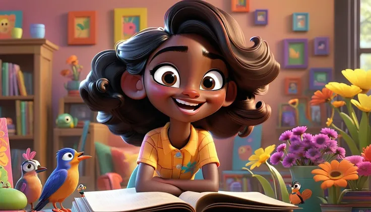 A colorful, animated scene in a 3-D Pixar style featuring a cheerful Black  named Arya, welcoming viewers to her happy place. Arya is standing in a vibrant, fun-filled space with bright colors, playful animals, smiling children, and various learning elemen...