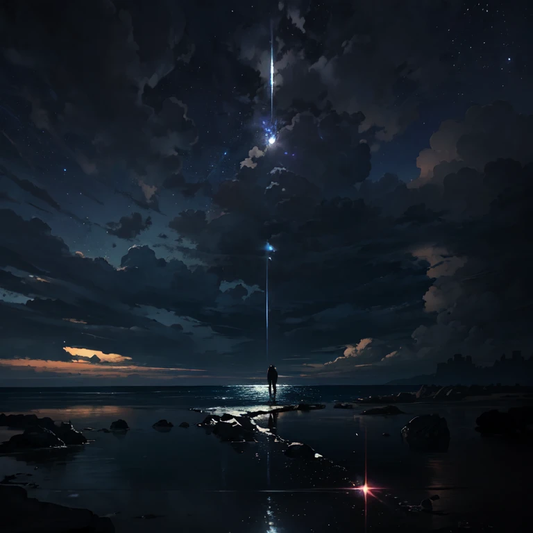 masterpiece, Dark night sea、cliff、Suicide spot, Tojinbo、Bright starry sky. Romantic Photography, Pixiv, Concept Art, Lofi Art style, reflection. by Makoto Shinkai, Lofi Art, Beautiful anime scene, Anime scenery, Detailed Landscape — Width 672, in Makoto Sh...