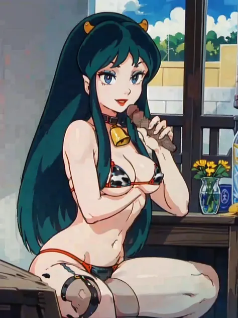 NSFW, masterpiece, (best quality: 1.2), long hair, blue eyes, green hair, big breasts, evil_smile, sexy, ((red lipstick, fishnet stocking)),, ((micro bikini, cow, gray bell)), ((handjob: 1.5)