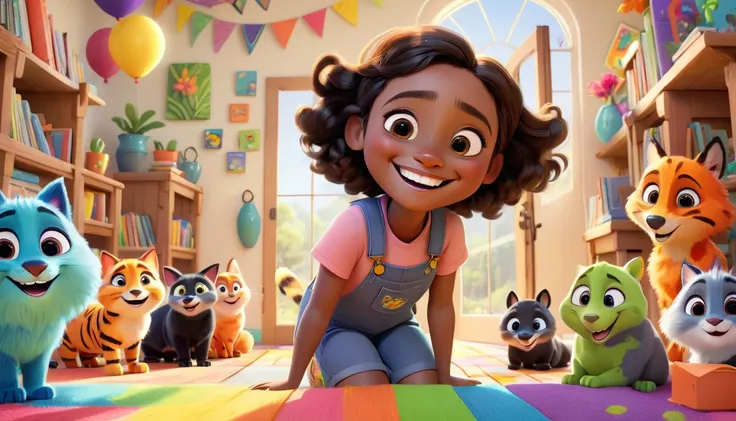 A colorful, animated scene in a 3-D Pixar style featuring a cheerful Black  named Arya, welcoming viewers to her happy place. Arya is standing in a vibrant, fun-filled space with bright colors, playful animals, smiling children, and various learning elemen...