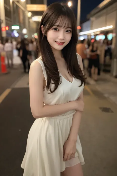 Selfie、Light clothing、Laughing、Standing、night、station、Very short hair、short、ベリーshortカット、Highest quality, figure, Super detailed, In detail, High resolution, 8k wallpaper, Perfect dynamic composition, Beautiful attention to detail, dress,Medium Hair, Small ...