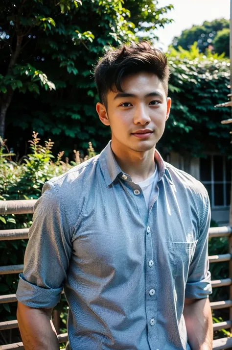 a young asian man with large muscles looks at the camera. in a white button-down shirt , forest river sunlight looking at the sk...