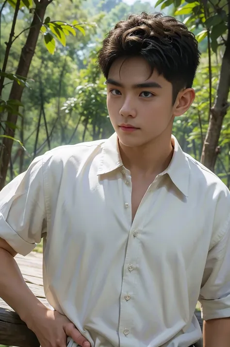 a young asian man with large muscles looks at the camera. in a white button-down shirt , forest river sunlight looking at the sk...