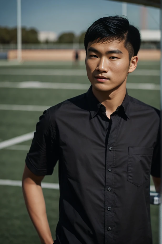 young asian man looking at camera In a black button-down shirt , Fieldside, beach, sunlight, looking at the football field