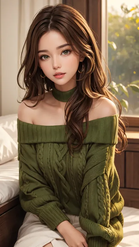 1 babe, brown hair, green sweater, off shoulder, parted lips, beautiful, cute, sexy