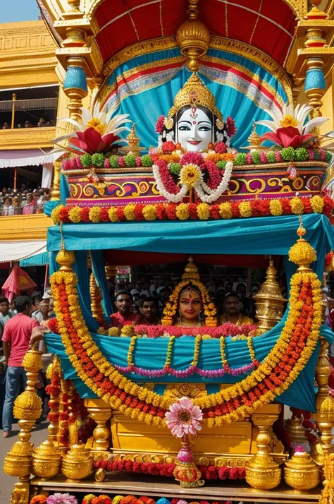 **Prompt:**
Create an image capturing the vibrant essence of the Lord Jagannath Chariot festival, showcasing the majestic Rath Yatra procession with colorful chariots adorned with flowers and devotees immersed in joyful celebration.

**Greetings to Satyaka...