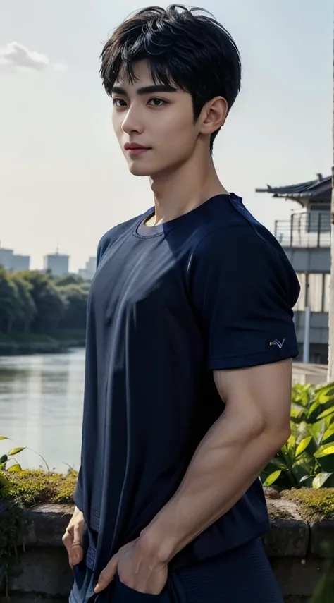 (As a matter of fact, Masterpiece, 8k HD, good light quality, sportswear, fit the face, complicated details), A handsome and muscular young Korean man., Have muscles, (Buzzcut short hair:1.5)  ,(Broad shoulders:1.3), 20 years old, be happy, smile brightly,...