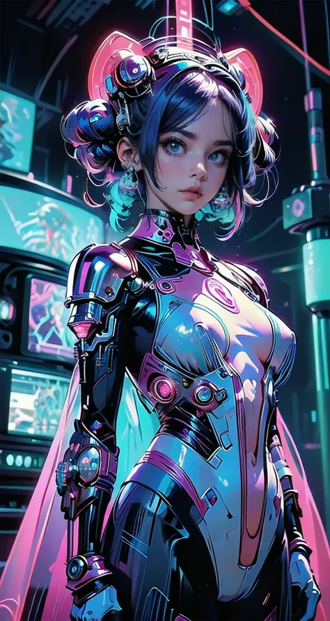 masterpiece, best quality, 1girl, solo, retro futuristic cyborgwoman, seamlessly blending mechanics and elegance. fit, small bre...